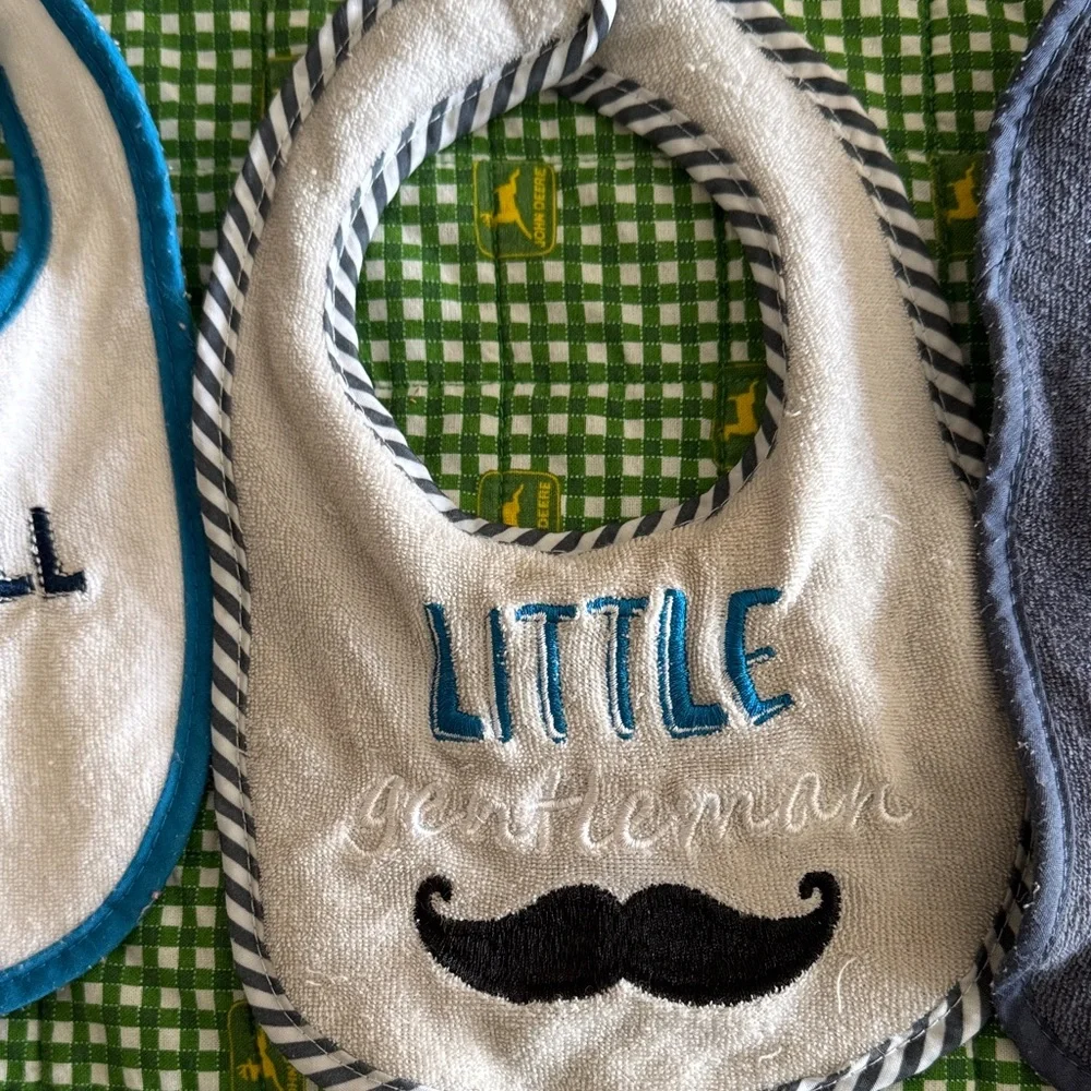 Adorable Dino and Mustache Baby Bib Set - Gray, Cream, Blue